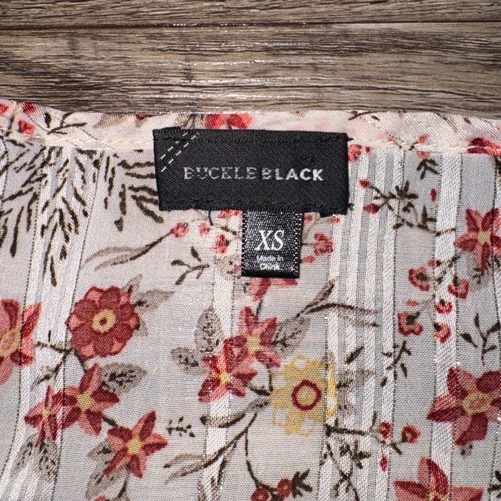 Buckle Black Floral Boho Peplum Blouse Tassel Tie Smocked Top XS - Picture 3 of 7